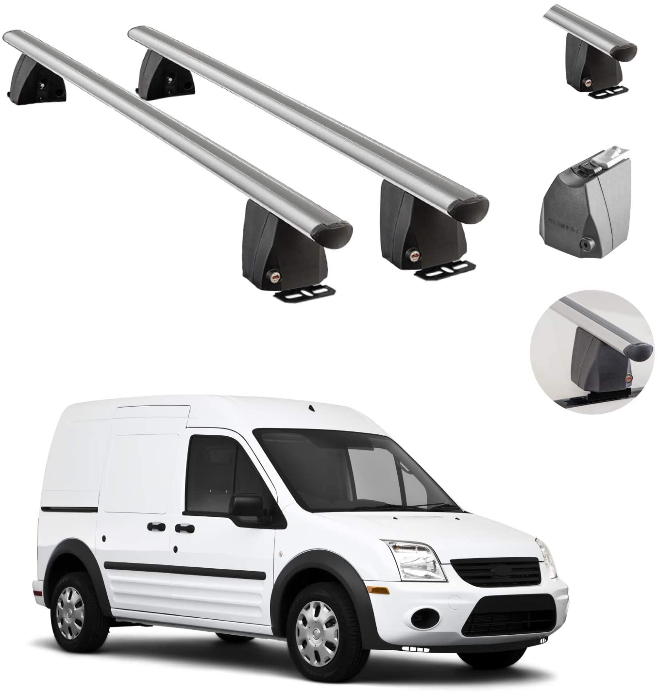 OMAC Auto Exterior Accessories Fixed Point Roof Rack Crossbars | Aluminum Silver Lockable Roof Top Cargo Management Racks | Luggage Ski Kayak Carriers Set 2 Pcs | Fits Ford Transit Connect 2010-2013