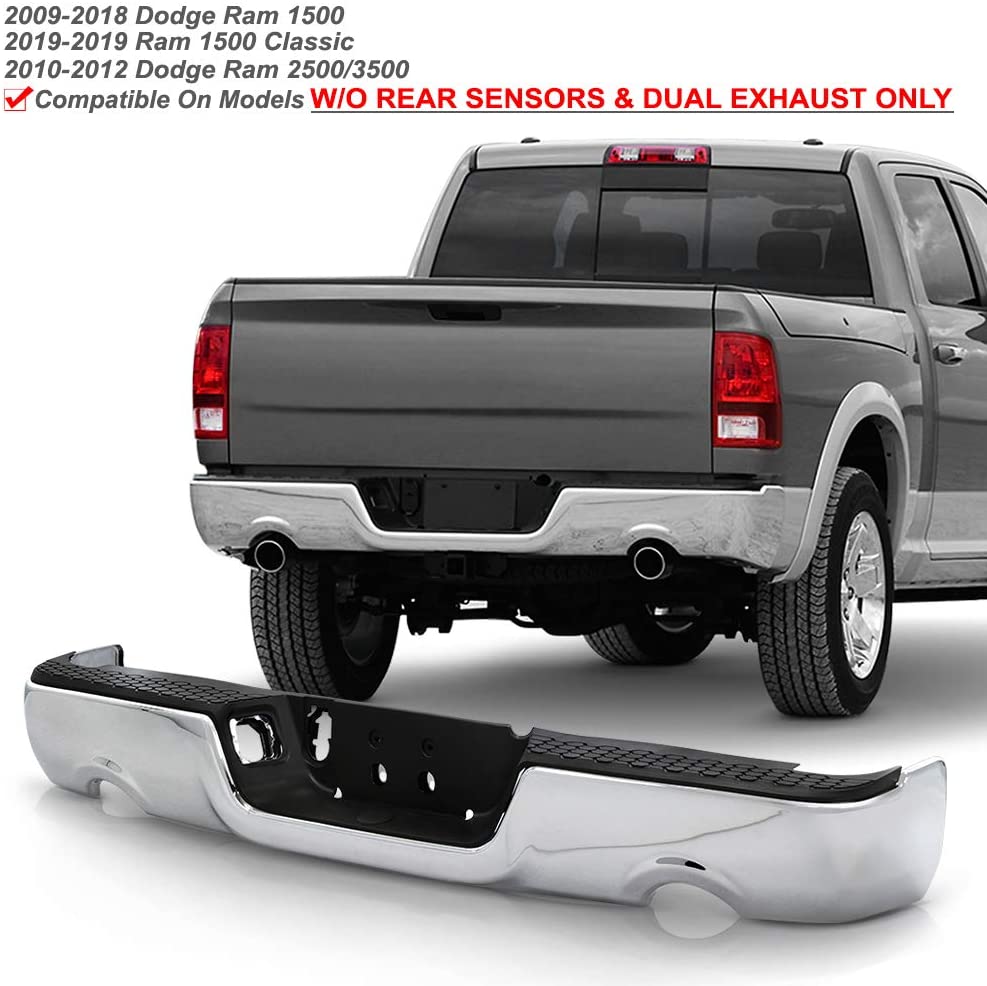 ACANII - For 2009-2018 Dodge Ram 1500 w/Dual Exhaust w/o Sensor Holes Chrome Steel Rear Step Bumper Complete Assembly