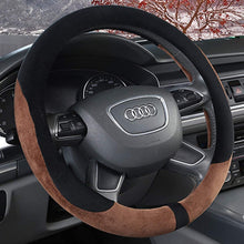 KAFEEK Steering Wheel Cover for Winter Warm, Short Microfiber Plush, Universal 15 inch, Anti-Slip, Odorless, Brown &Black