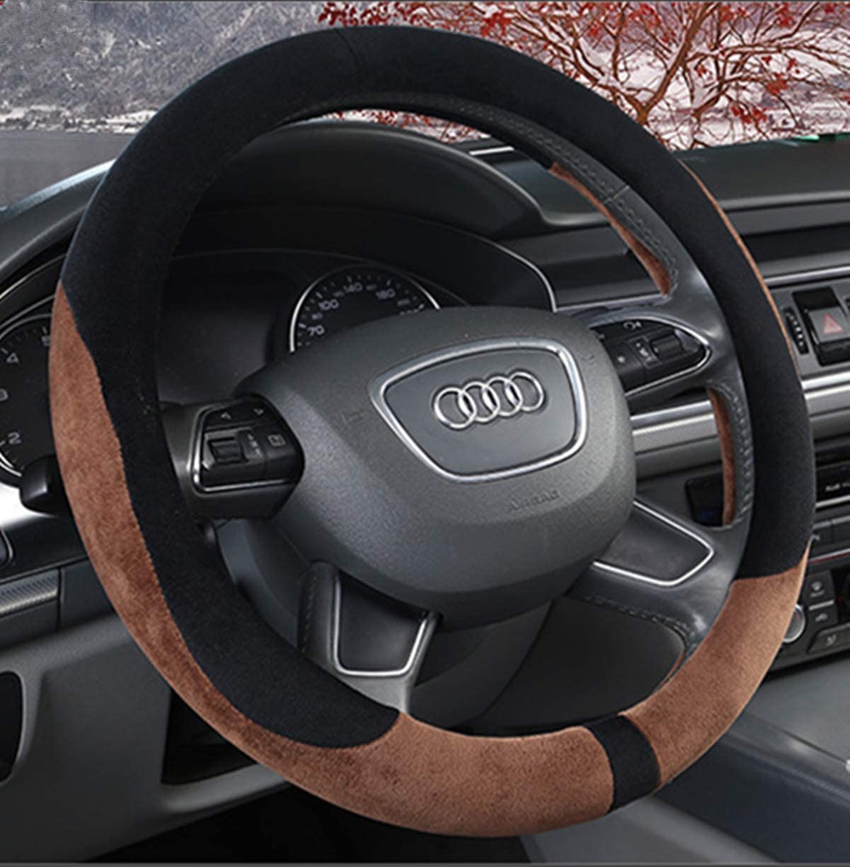 KAFEEK Steering Wheel Cover for Winter Warm, Short Microfiber Plush, Universal 15 inch, Anti-Slip, Odorless, Brown &Black