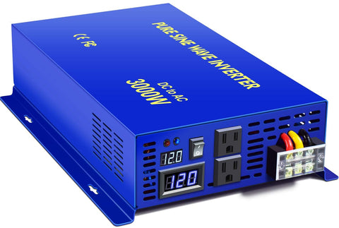 XYZ INVT 3000W Pure Sine Wave Power Inverter 12v to 110v 120v DC to AC with 2 USA Outlets 2 Set of Battery Cables, Power Converter for Home Off Grid, Solar System, RV.(3000W12V)