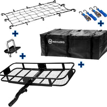 Nevlers 60” L x 20” W x 6” H Folding Hitch Mount Cargo Carrier with Net, 2 Blue Ratchet Straps and Bonus Hitch stabilizer - Waterproof - 500 lb Weight Limit - Great Additional Trunk Space