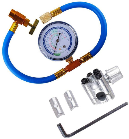 BPV31 Piercing Valve for Bullet with R134a Charging Hose, Refrigerant Can Tap with Gauge R134a can to R-12/R-22 port