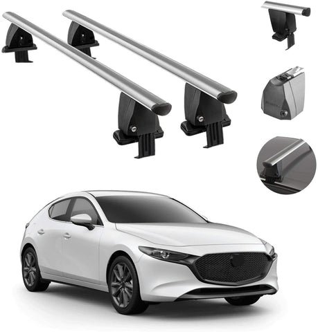 Roof Rack Cross Bars Lockable Luggage Carrier Smooth Roof Cars | Fits Mazda3 Hatchback 2019-2021 Silver Aluminum Cargo Carrier Rooftop Bars | Automotive Exterior Accessories