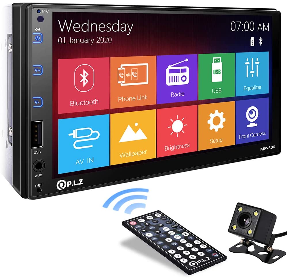 P.L.Z MP-800 Car Entertainment Multimedia System – 7 Inch Double Din HD Touchscreen Monitor Car Stereo – MP5 Player Bluetooth Car Radio Receiver – Supports Rear Front View Camera, MP3, USB, AUX (MP-800 With Latest Phonelink)