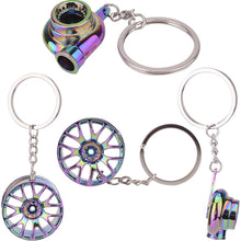 Febrytold 5 Pcs Car Parts Model Key Chains, Colorful Turbo Keychain, Black Manual Gearbox Keychain, Colorful Tire Rim Keychain, Blue Brake Rotor Keychain, Red Spring Shock-Absorber Keychain