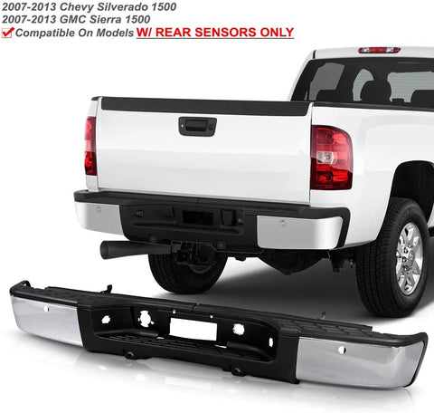 ACANII – Para Chevy Silverado/GMC Sierrsa 1500 acero cromado completo parachoques trasero con montaje de orificios de sensor