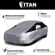 Titan Lightweight Car Cover. Compact Sedan. Compatible with Toyota Corolla, Sentra, and More. Waterproof Car Cover Measures 185 Inches and Includes a Driver-Side Door Zipper.