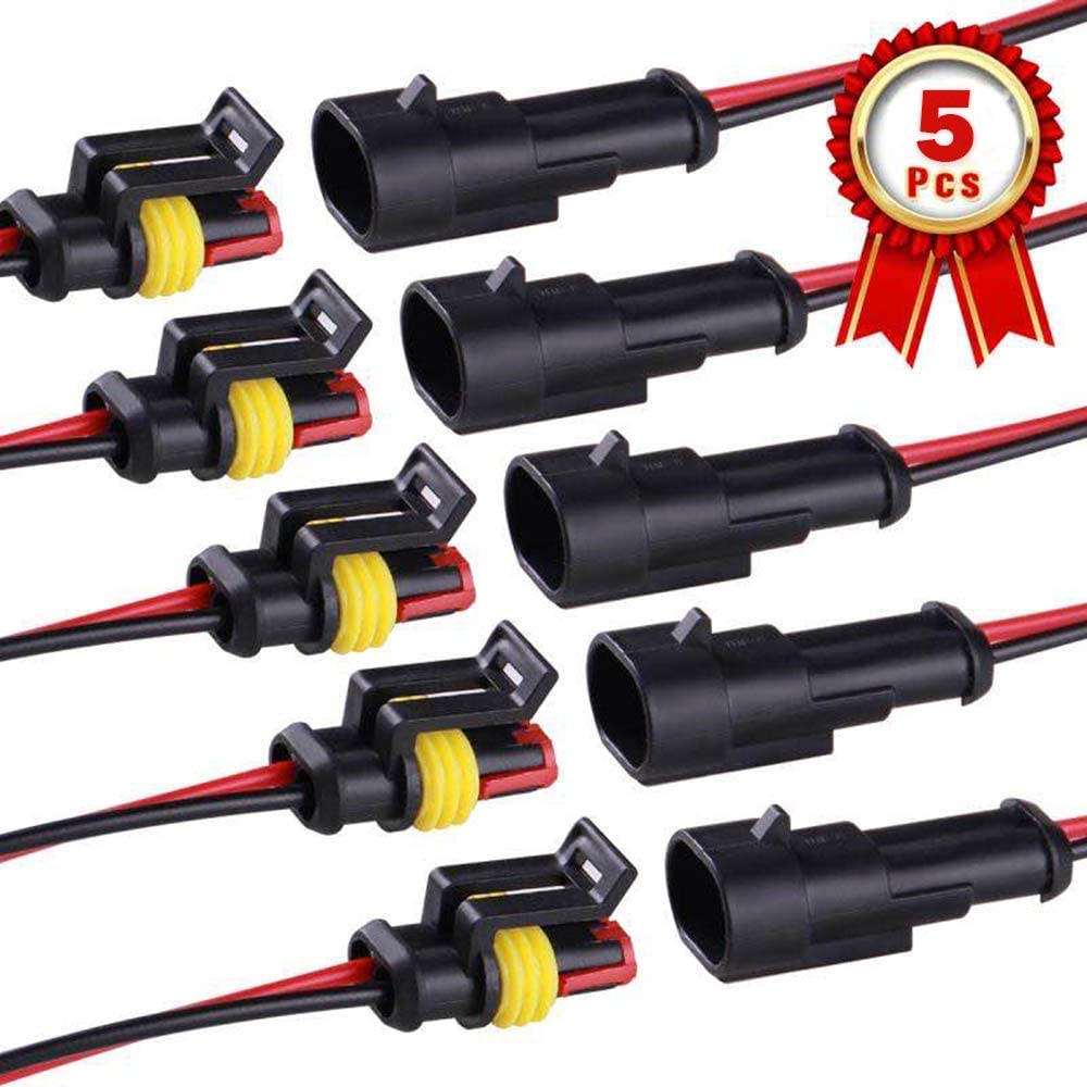 2 Pin Connector waterproof Connector,Male and Female Way 16 AWG wire Suitable for car Truck, boat and Other wire Connection (5 kit) (2 PIN)