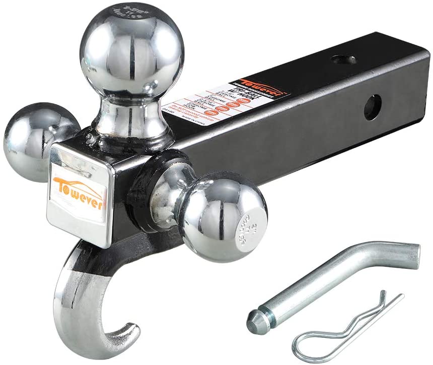 Towever 84180P 2 inches Class III/IV Trailer Hitch Tri Ball Mount with Hook (Hollow Shank Tow Hitch, Black&Chrome) Pin and Clip Included