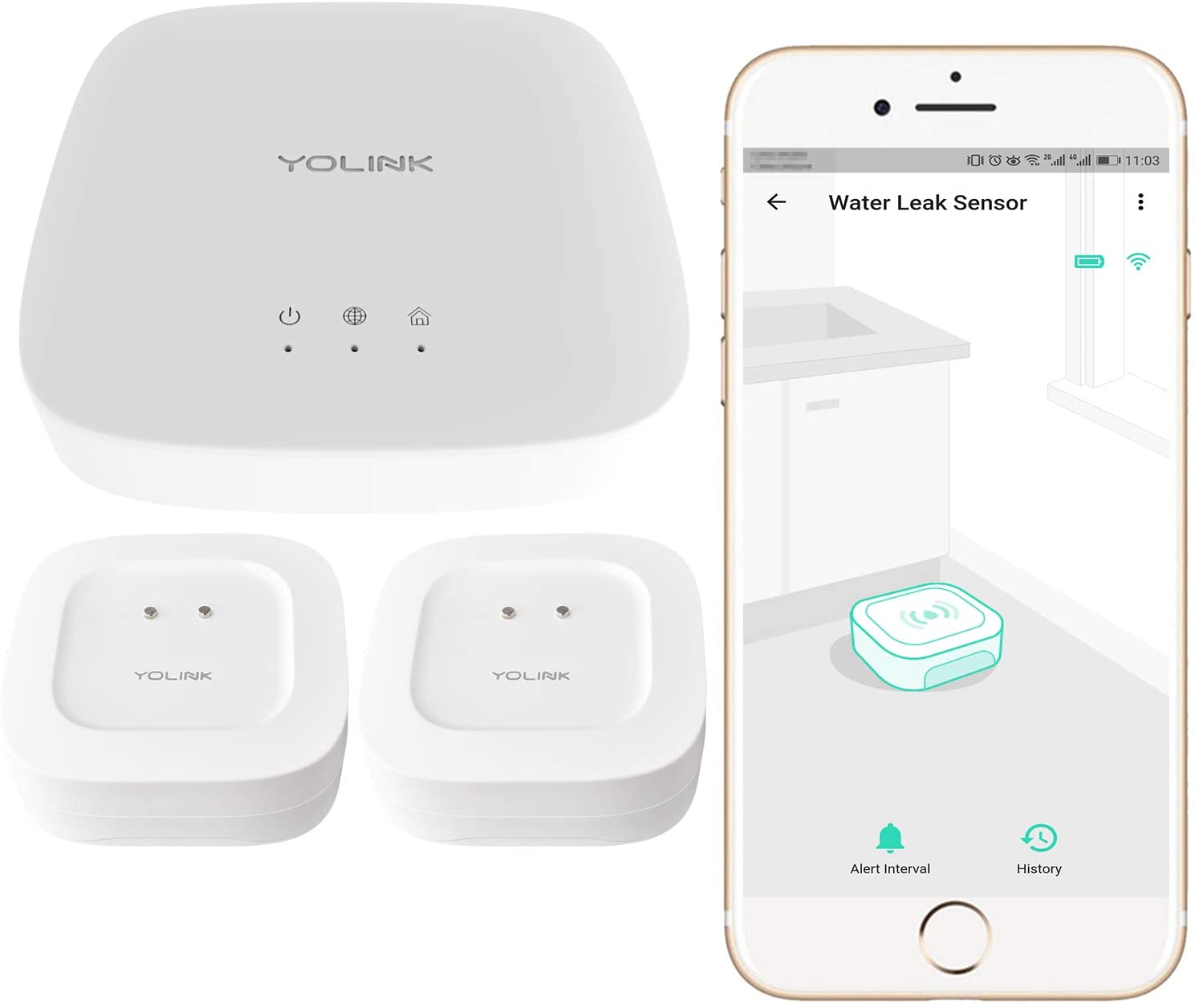 Smart Leak Sensors 2 Pack, YoLink 1/4 Mile World's Longest Range Wireless Smart Water Leak Sensor Compatible with Alexa and IFTTT Leak Detector with App Alerts and Remote Monitor, YoLink Hub Included