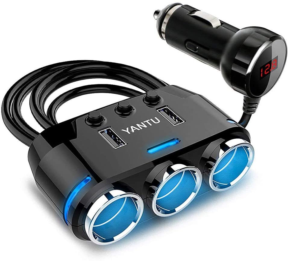 Cigarette Lighter Adapter 3 Socket Cigarette Lighter Splitter with LED Voltage Display Dual USB Car Charger On/Off Switches 12V Car Splitter Adapter Dashcam Replaceable fus