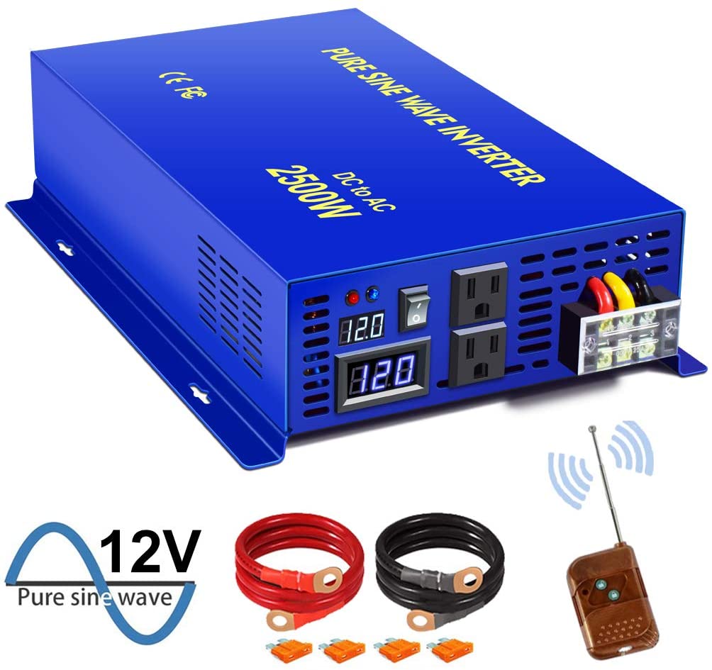 XYZ INVT Pure Sine Wave Inverter - 2500W 24V DC to 110V 120V AC with Wireless Remote Switch, 5000 watt Surge, Power Converter for RV, Camping, Solar System, Grid Off.