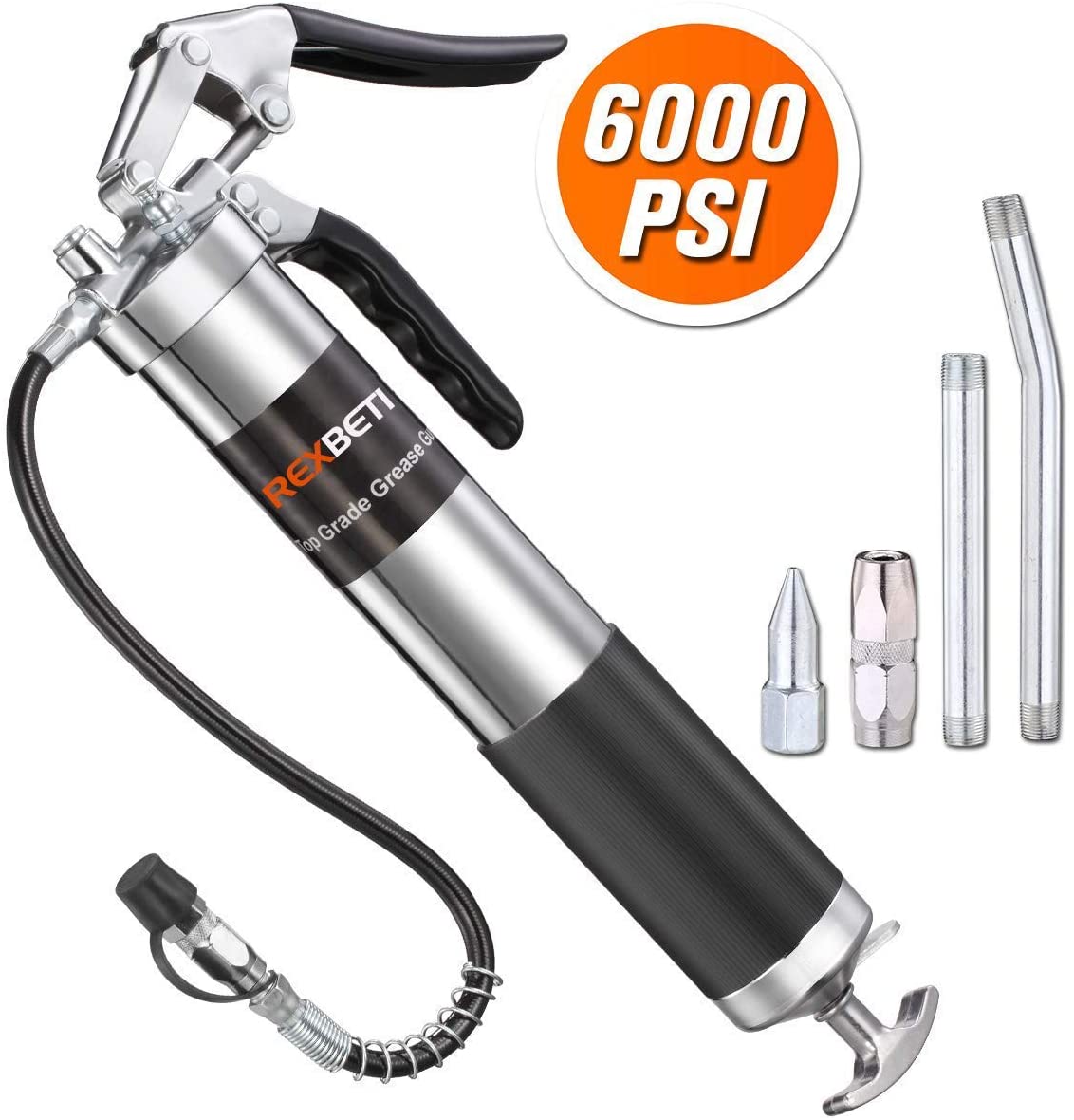 REXBETI Grease Gun, Pistol Grip Grease Gun Set with 18 Inch Flex Hose, Heavy Duty Steel Barrel, 2 Reinforced Coupler Included