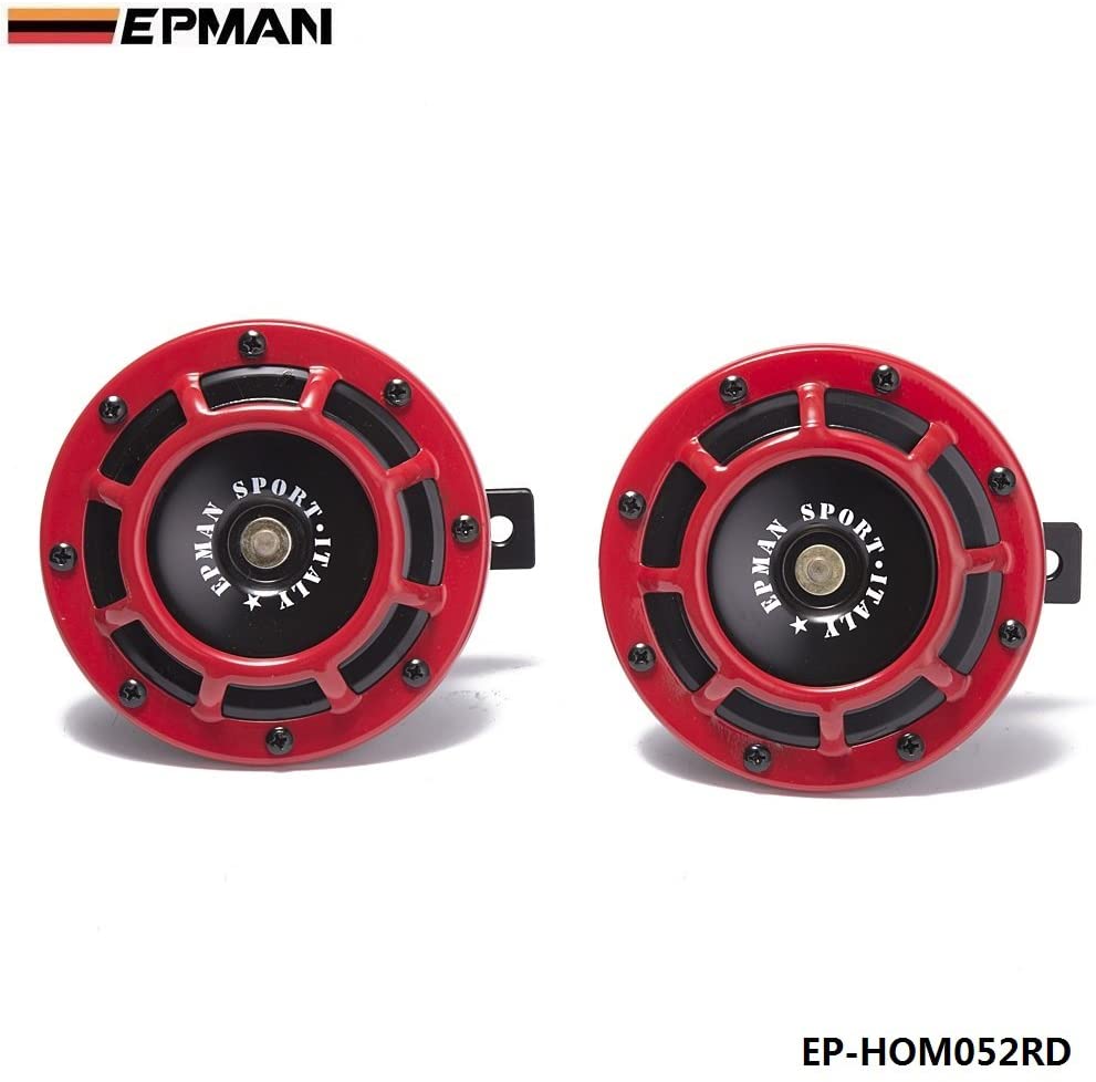 EPMAN 12V 110dB Super Loud Compact Electric Blast Tone Horn For Motorcycle Chopper 12 (Red, Pack Of 2)