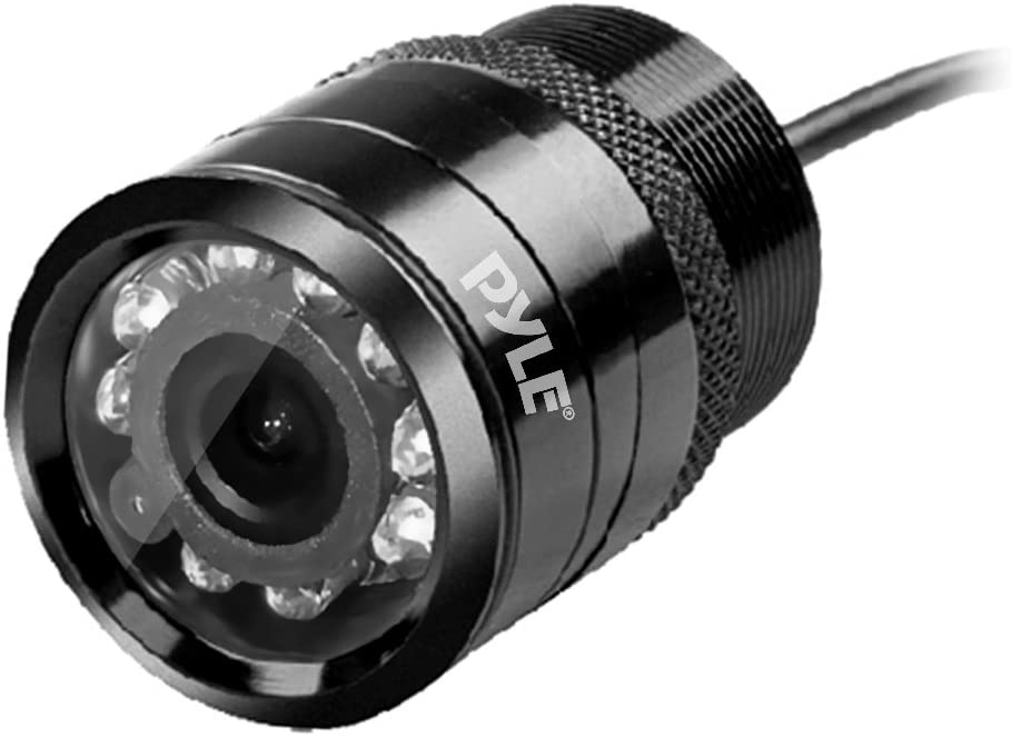 Universal Mount Front Rear Camera - 1.25” Marine Grade Waterproof Cam Built-in Distance Scale Lines Backup Parking/Reverse Assist w/ Night Vision LED 420 TVL Resolution & RCA Output - Pyle PLCM39FRV,Black (Standard Packaging)