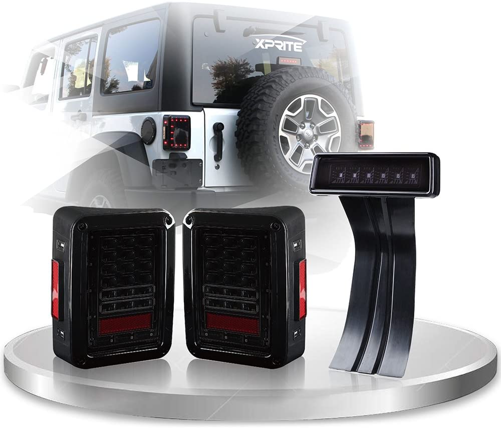 Xprite Smoke Lens Red LED Tail Light w/Turn Signal & Back Up & Smoke 3rd LED Brake Light Assembly For Jeep Wrangler JK JKU 2007-2018