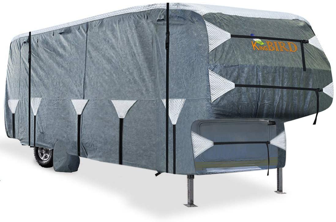 KING BIRD Upgraded 5th Wheel RV Cover, Extra-Thick 5 Layers Anti-UV Top Panel, Durable Camper Cover, Fits 26'-29' Motorhome -Breathable, Water-Proof, Rip-Stop with 2Pcs Extra Straps & 4 Tire Covers
