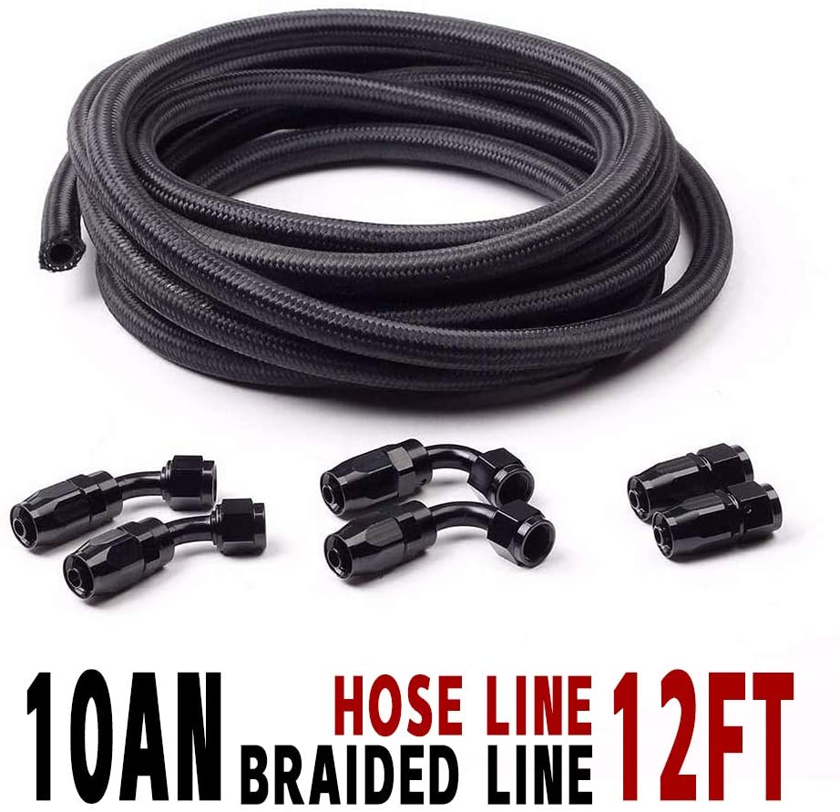 AN10 12Ft (3.65m) Stainless Steel Braided Fuel Oil Line with 6pcs Swivel Fitting Hose End Adaptor Black