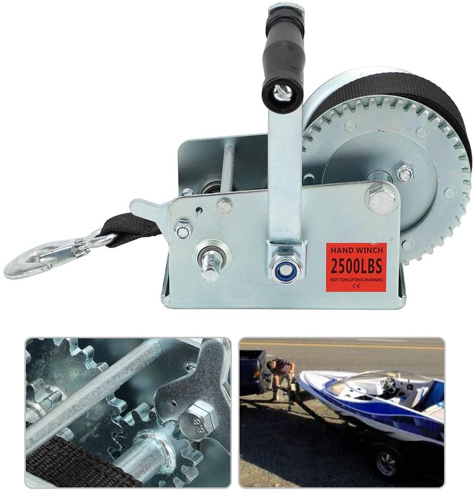 2500LBS Hand Crank Winch Hand Winch with 7M Polyester Strap Heavy-Duty Universal for Boat Trailer Trucks Pull Lift Tool