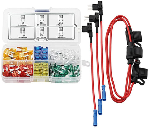 DIGITEN Mini Fuse Kit Automotive Mini Blade Type ATM Fuse Assorted + Inline 16 AWG Gauge Holder+ Add-a-circuit TAP Adapter