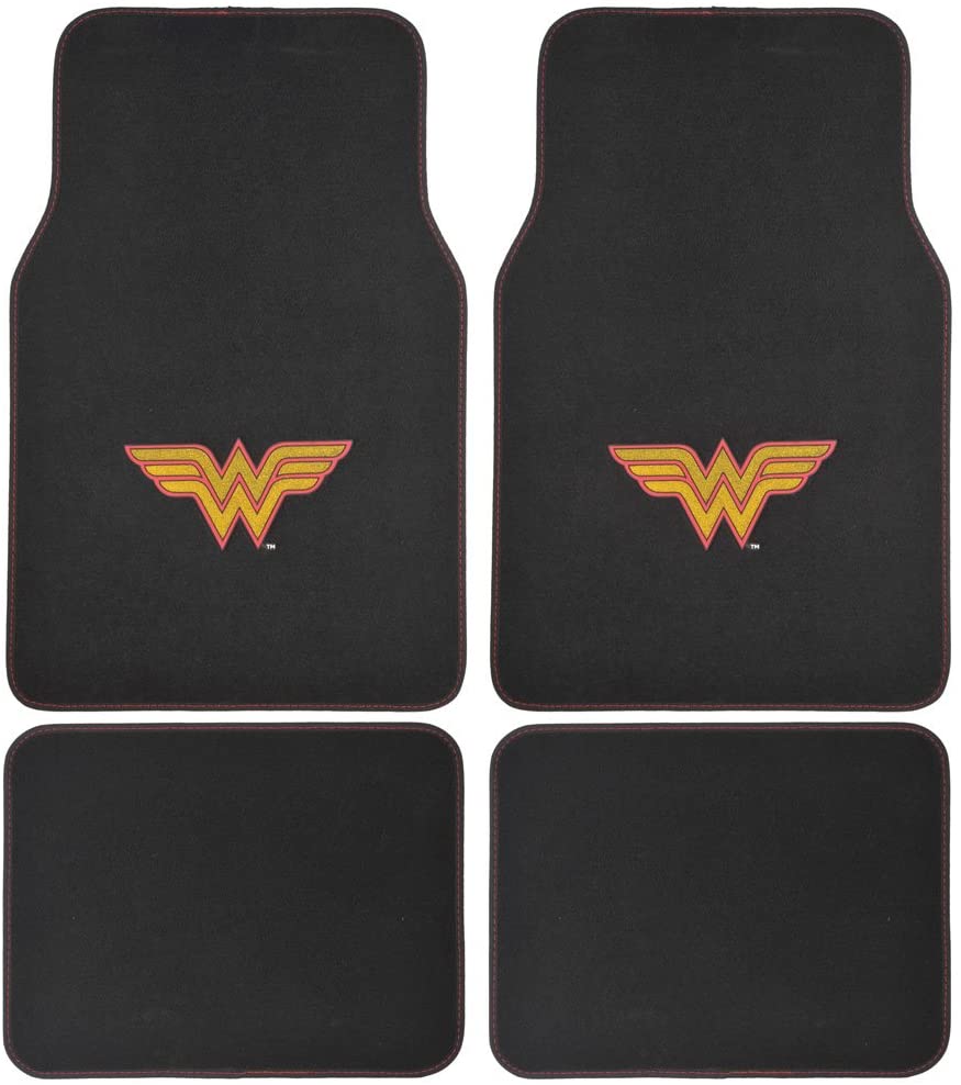 BDK 4 Piece Wonder Woman Super Hero Carpet Floor Mats - Warner Brothers DC Comics Licensed Full Mat Set for Car Truck SUV - All Weather Protection