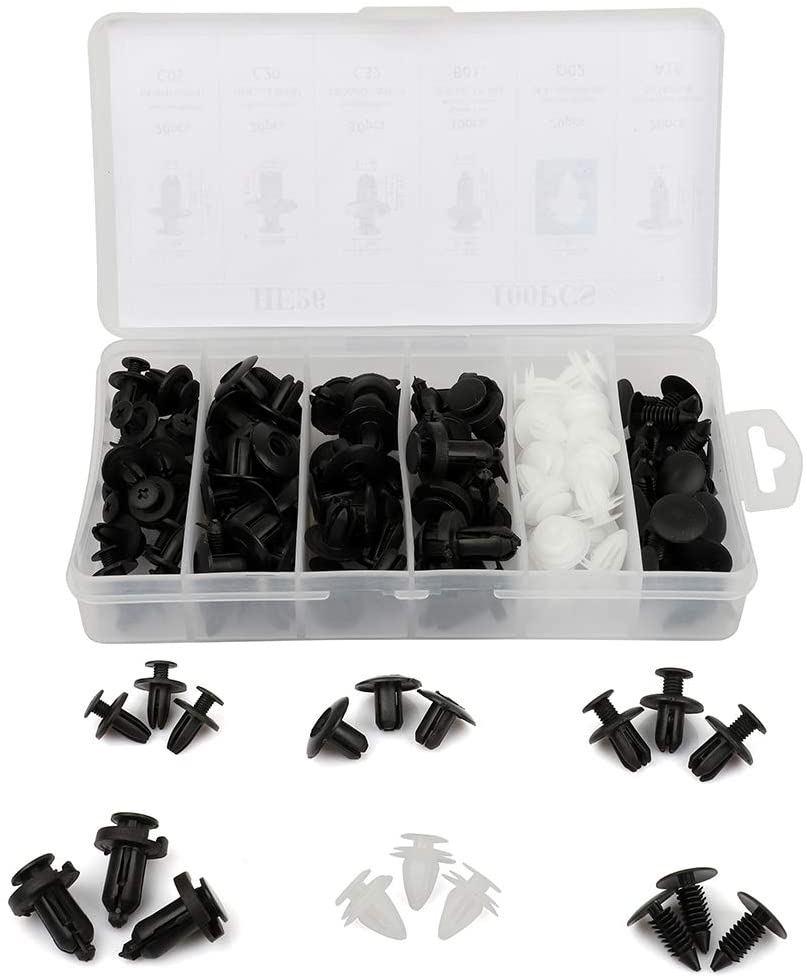 LUJUNTEC 100Pcs Bumper Retainer Clips Auto Fasteners Rivet Clips Body Fastener Kit with Plastic Box