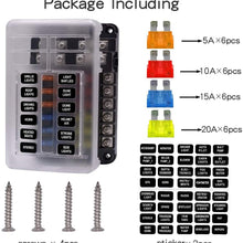 WUPP Boat Fuse Block, Waterproof Fuse Panel with LED Warning Indicator Damp-Proof Cover - 12 Circuits with Negative Bus Fuse Box Holder for Car Marine RV Truck DC 12-24V, Fuses Included