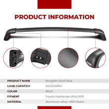 BougeRV Car Roof Rack Cross Bars for 2014-2019 Toyota Highlander with Side Rails, Aluminum Cross Bar Replacement for Rooftop Cargo Carrier Bag Luggage Kayak Canoe Bike Snowboard Skiboard
