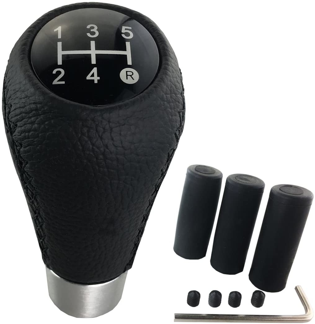 Arenbel 5 Speed Shifter Knob Leather Gear Stick Shift Knobs Shifting Lever Handle fit Most Automatic Manual Cars, Black