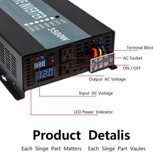WZRELB Full Power Endurable 3500W 12VDC to 120VAC 60HZ US DUAL OUTLETS LED DISPLAY PURE SINE WAVE INVERTER Power Converter, (RBP350012B1)