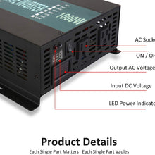 WZRELB RBP100012VCRT 1000W 12V 120V Pure Sine Wave Solar Power Inverter with Remote Control Switch