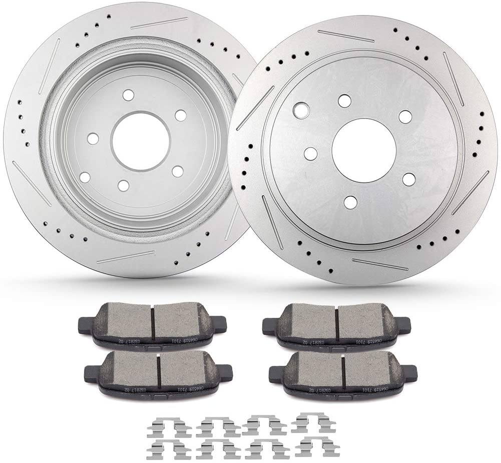 AUTOMUTO Brake Kits 2pcs Rear Brake Rotors 4pcs Ceramic Pads fit for Infiniti FX35 FX37 FX45 JX35 M35h M37 M56 Q50 Q60 Q70 Q70L QX60 QX70, for Nissan Murano Pathfinder Quest,Clips
