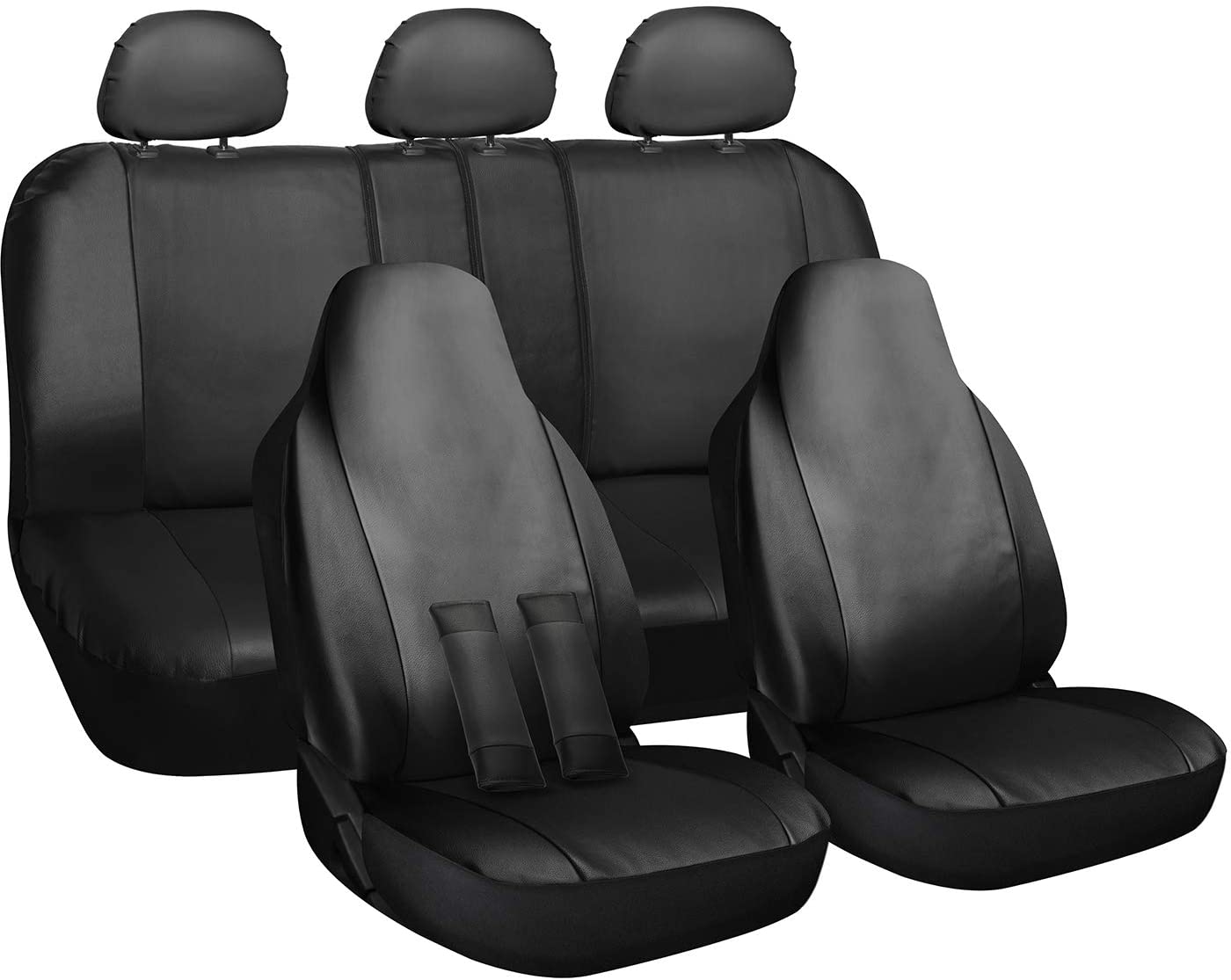 OxGord Faux Leather Solid Black Auto Seat Covers Set - Airbag - Universal Fit for Car, Truck, or SUV - Seat Belt Pads