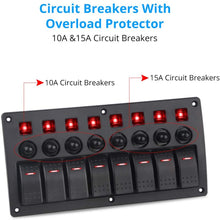 WATERWICH Marine Boat Car 8 Gang ON-Off Ignition 3 Pin Waterproof Toggle Rocker Switch Panel 12V/24V Circuit Breaker Blue LED Indicator for RV Vehicle Truck Trailer Yacht ATV (8 Gang Red)