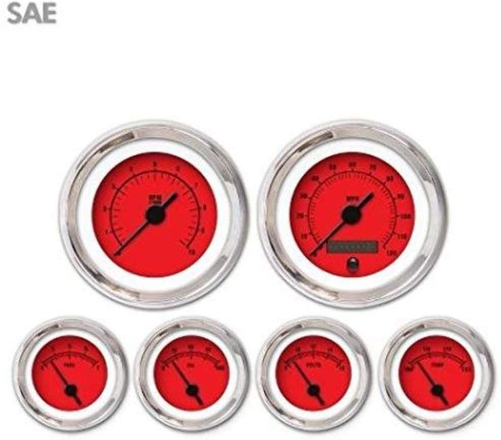 Aurora Instruments 1471 Rider Red SAE 6-Gauge Set (Black Vintage Needles, Chrome Trim Rings, Style Kit Installed)