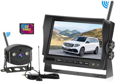 SAMFIWI HD1080P Digital Wireless Backup Camera System Kit Built in DVR with Stable Signal 7''LCD Monitor Support Split/Quad Screen Free 32GSD Card + Extended Antenna Suitable for Truck/Trailer/RV/Van