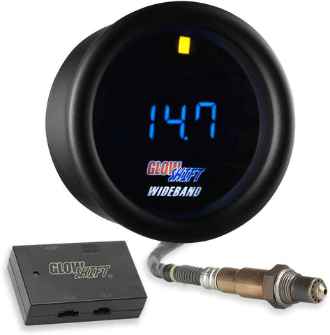 GlowShift Black 7 Series - Kit de calibrador de banda ancha digital de aire y combustible, incluye sensor de oxígeno, salida de registro de datos y tapón de soldadura, pantalla LED azul, lente transparente, 2.047 in