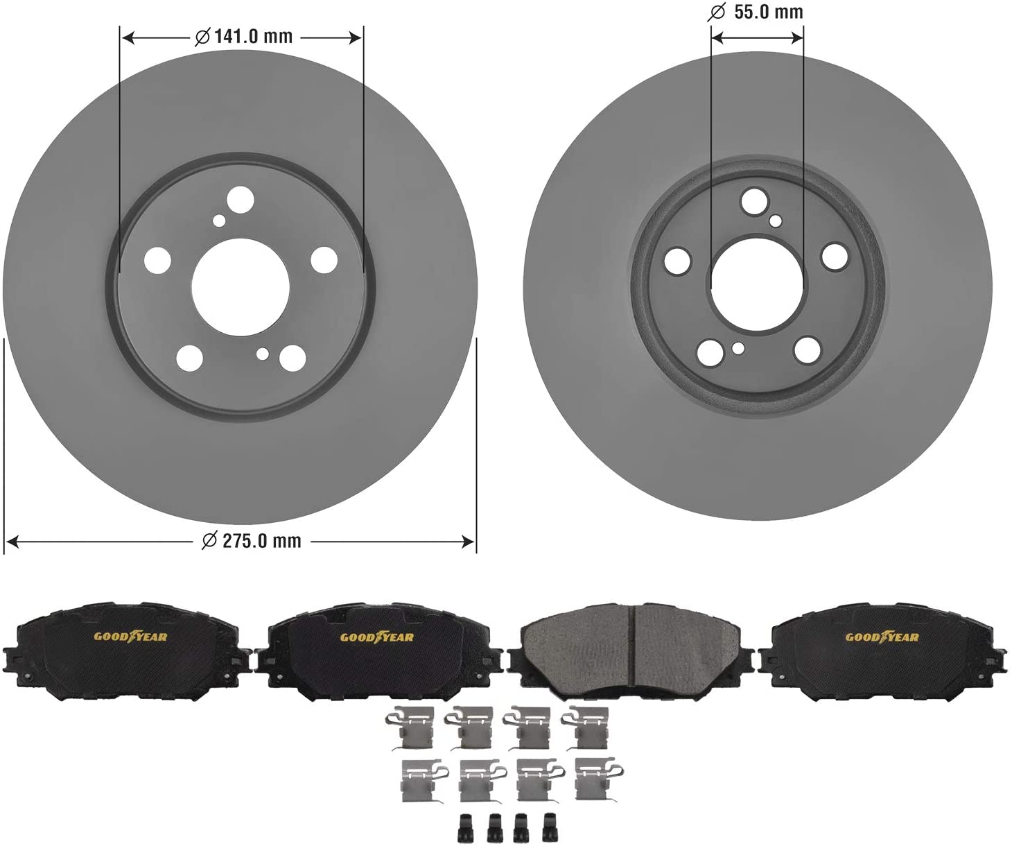 Goodyear Brakes PRK52728F, Front Premium Brake Bundle with Pair (2) of AntiOx Coated Brake Rotors and Ceramic Brake Pads
