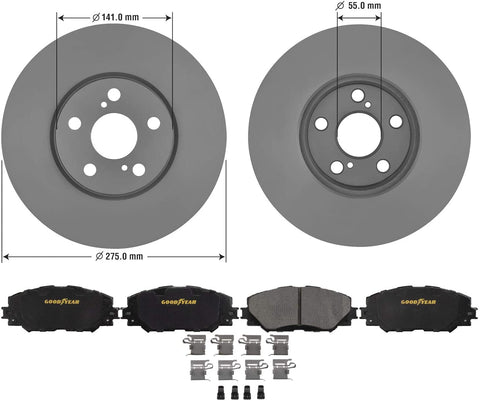 Goodyear Brakes PRK52728F, Front Premium Brake Bundle with Pair (2) of AntiOx Coated Brake Rotors and Ceramic Brake Pads
