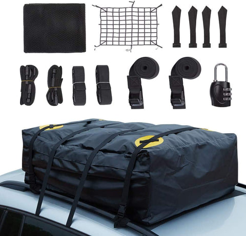 Alfa Gear Waterproof No Blow Off Car Roof Bag Cargo bag Car Roof Top Carrier Soft-Shell Carriers with Extra Tie down Straps,Anti-slip mats,Safety lock,Cargo Net 15 Cu.ft for cars with or without racks