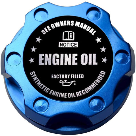 VMS RACING BLUE OIL CAP with BLACK ENGINE OIL NOTICE Emblem in CNC Machined Billet Aluminum Compatible with Ford Mustang 2005-2017 Twist Lock 1/4 Turn Cap Mechanism