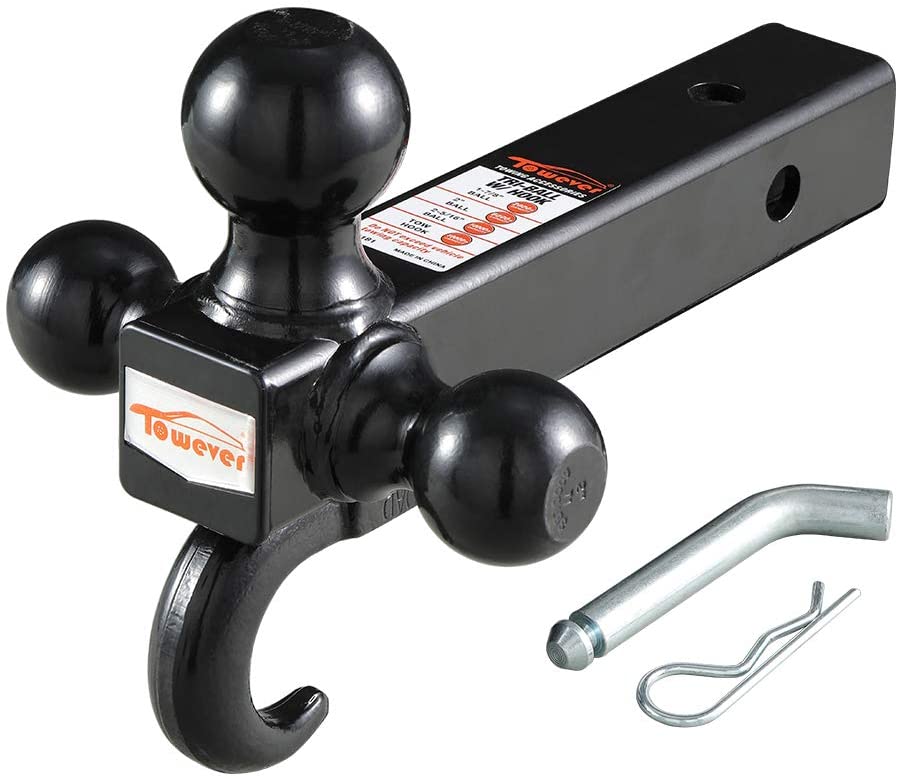 Towever 84181P Class 3/4 Trailer Hitch Tri Ball Mount with Hook (Black, Hollow Shank), for Pickup Truck Hitch Receiver Pin and Clip Included