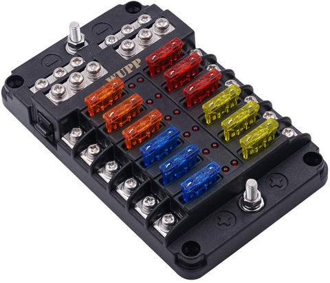 WUPP Boat Fuse Block, Waterproof Fuse Panel with LED Warning Indicator Damp-Proof Cover - 12 Circuits with Negative Bus Fuse Box Holder for Car Marine RV Truck DC 12-24V, Fuses Included