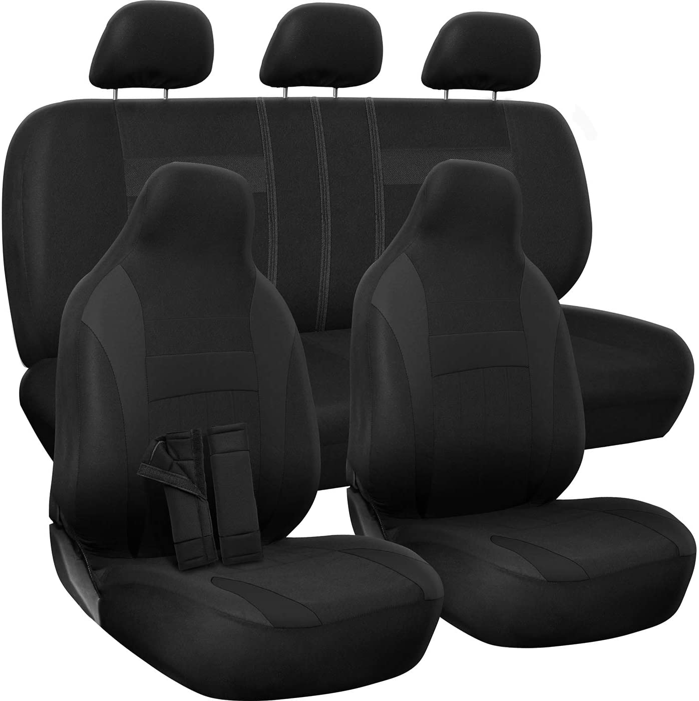 OxGord Padded Car Seat Cover - Solid Black for Front Low Bucket and 50-50 or 60-40 Rear Split Bench - Universal Fit for Car, Truck, SUV, Van, or Pickup - Includes Seat Belt Pads - 10 PC Complete Set