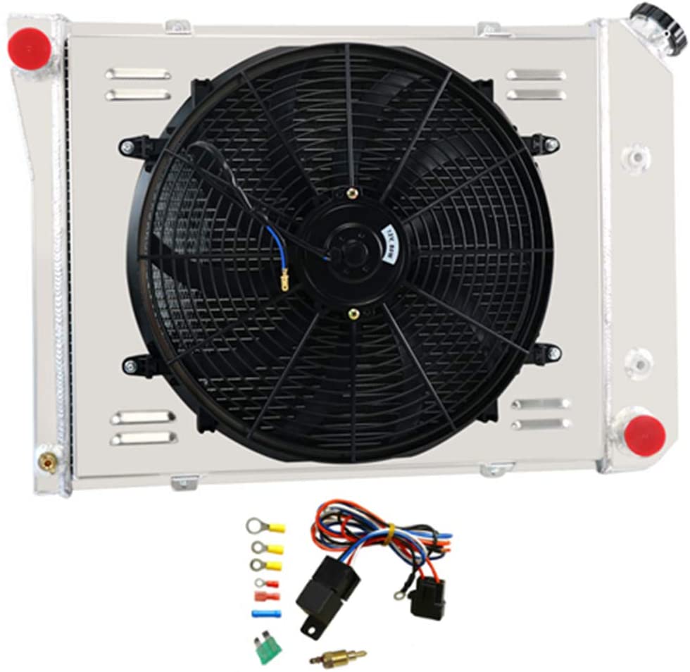 Primecooling 3 Row All Aluminum Radiator +Fan (16 Inches Dia.) w/Shroud for 1969-74 Nova/Firebird, 1971-73 Camaro/Impala Caprice, Multiple GM Models 1968-87
