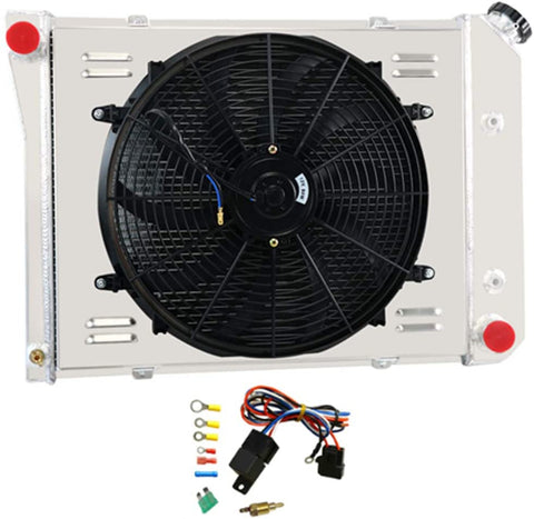 Primecooling 3 Row All Aluminum Radiator +Fan (16 Inches Dia.) w/Shroud for 1969-74 Nova/Firebird, 1971-73 Camaro/Impala Caprice, Multiple GM Models 1968-87