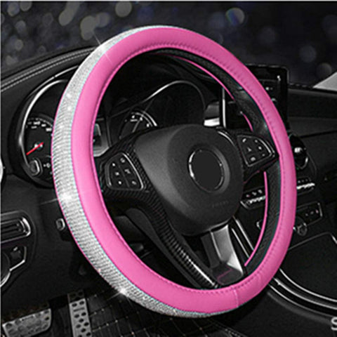 KAFEEK for Women Girls Diamond Leather Steering Wheel Cover with Bling Bling Crystal Rhinestones, Universal 15 inch Anti-Slip, Pink Microfiber Leather White Diamond