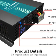 WZRELB 3000watt Pure Sine Wave Inverter 24V DC to 120V AC 60HZ with LED Display Wireless Remote Controller Car Inverter Generator (RBP300024VCRT)