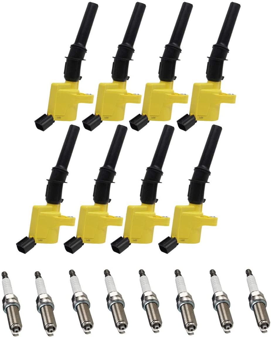 ENA Heavy Duty Ignition Coil Platinum Spark Plug Set of 8 Compatible with Ford F150 F250 F350 F450 F550 Pickup Truck and Ford Excursion & Econoline V8 V10 DG508 SP479